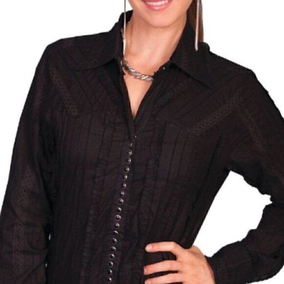 Scully Lace Trim Western Snap Front Top Black Size Large - Picture 1 of 11